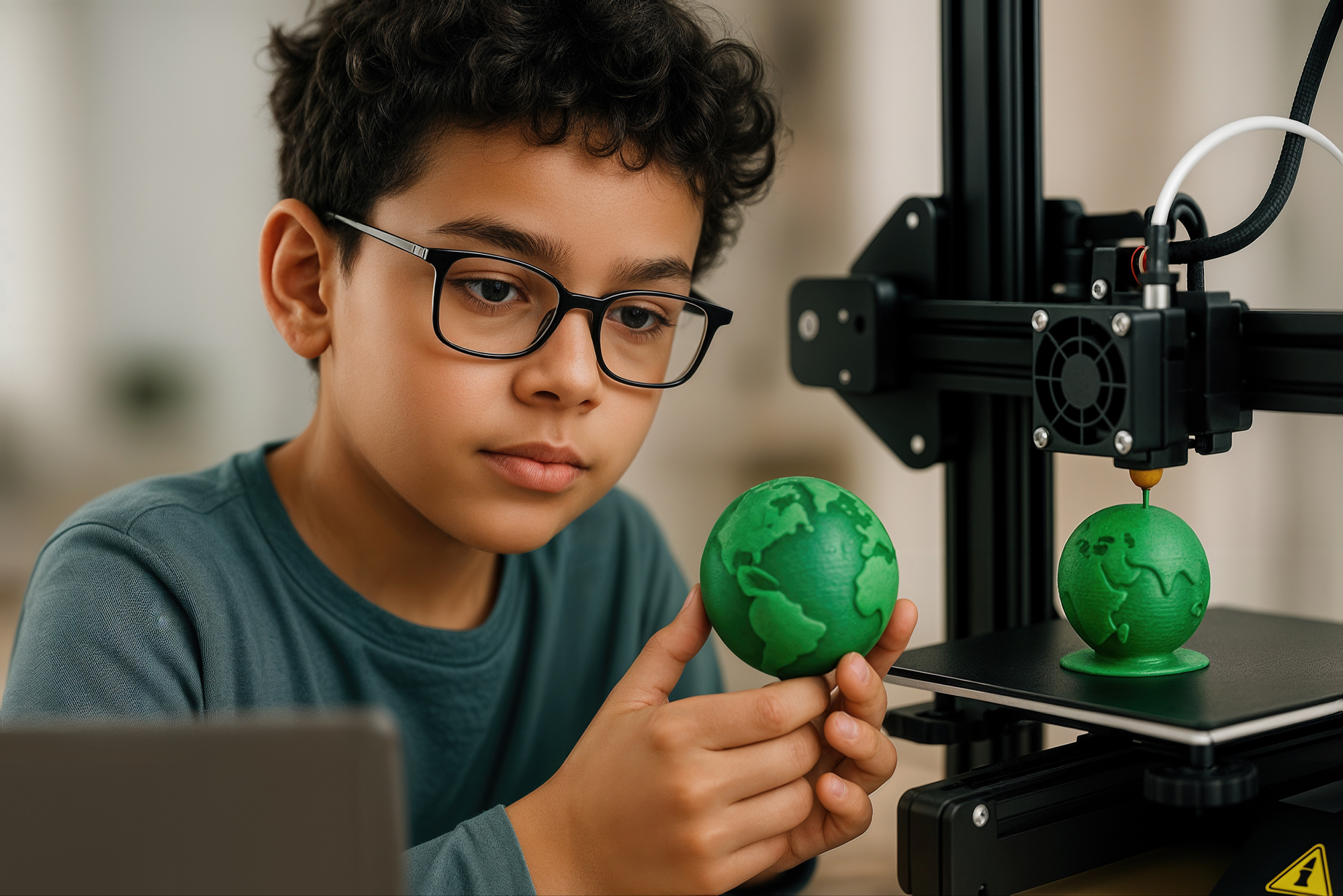 Young innovator examining a 3D printed globe